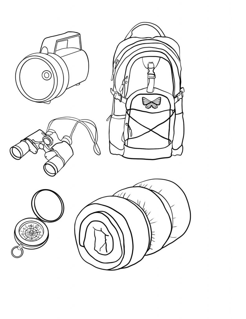 Free camping gear coloring page for camping
