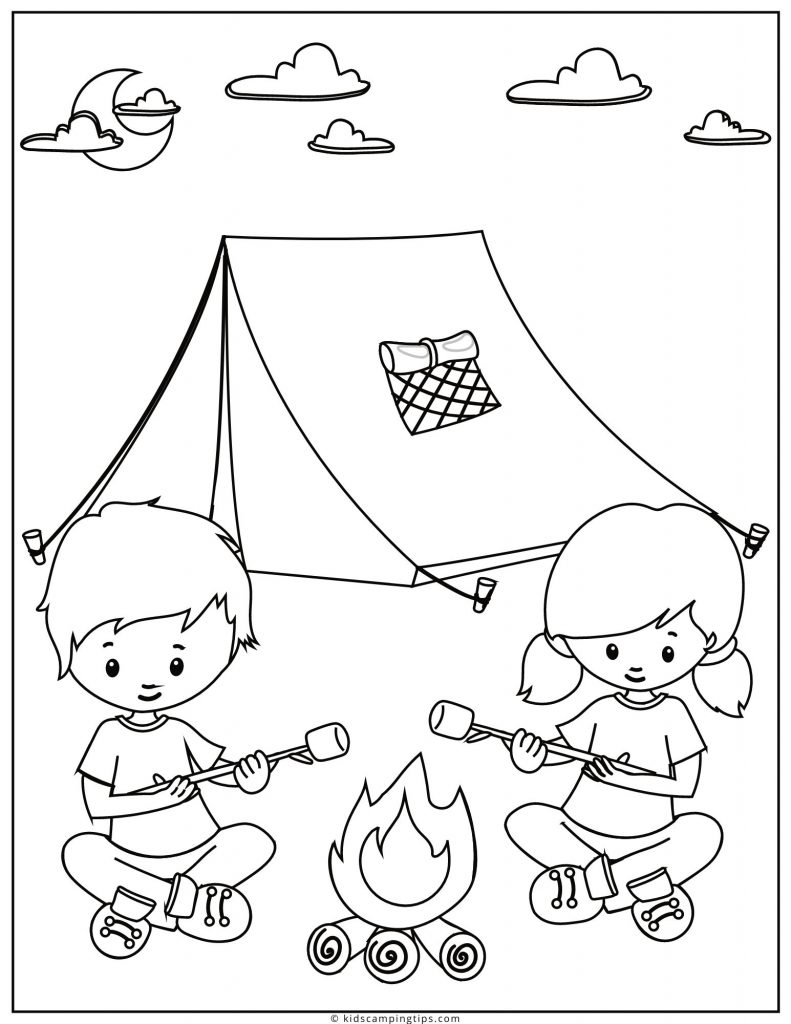 Free marshmallow roasting coloring page for camping