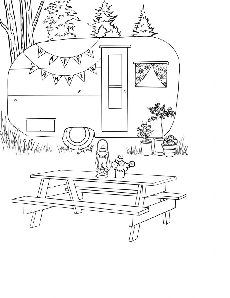 Free vintage camper coloring page for camping