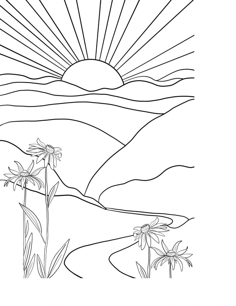 Free sunset coloring page for camping