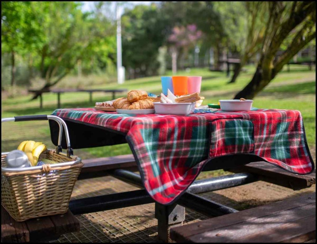 A picnic table with red and green camping table cloth